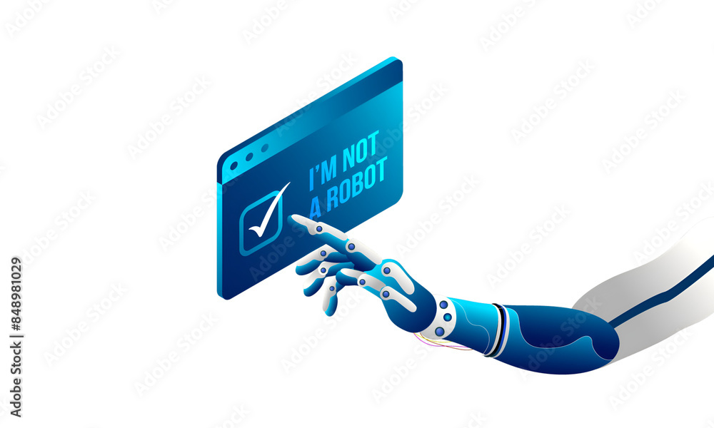 Wall mural robotic hand clicking on captcha 'i am not a robot'. artificial intelligence(ai) concept.