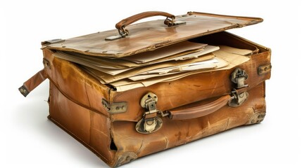 A legal briefcase filled with important documents isolated on a white background