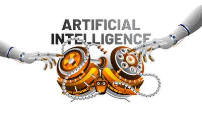 Artificial Intelligence (AI) concept based banner or poster design with 3d illustration of robotic hands touching robotic brain for machine learning.