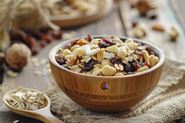 Cereal with nuts and raisins in a rustic setting 