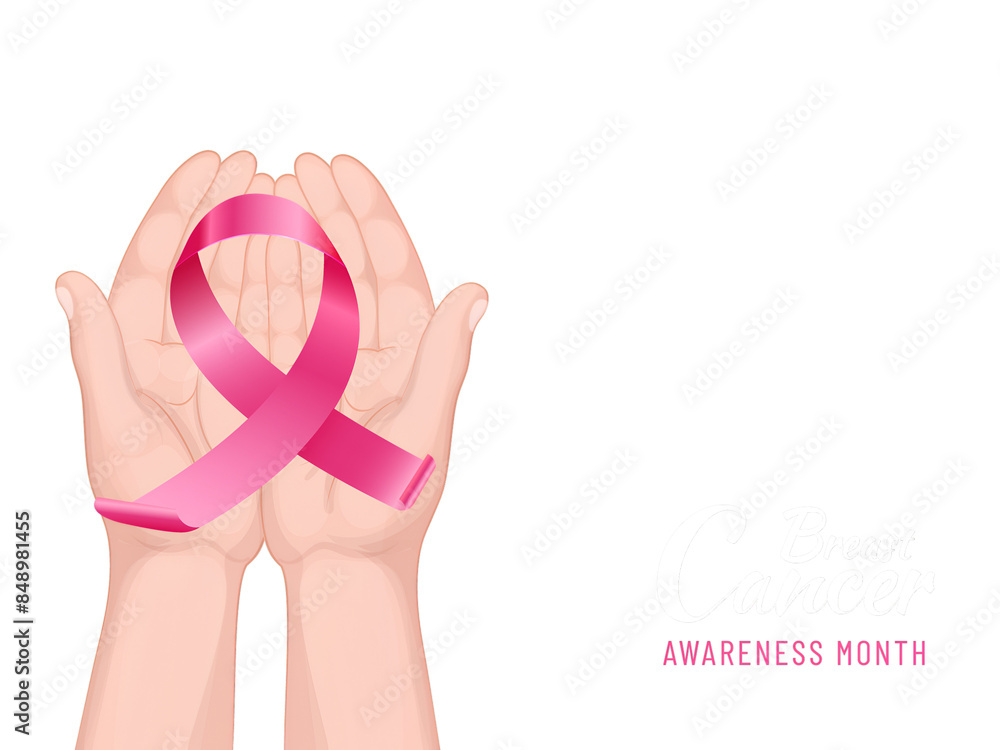 Sticker Breast Cancer Awareness Month banner or poster design with human hands holding pink ribbon on black silk fabric background.