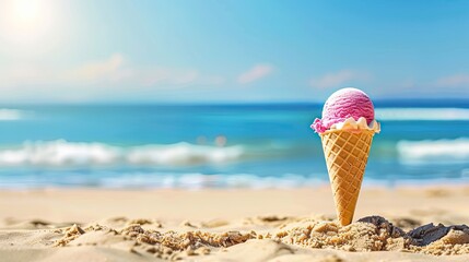 Colorful Ice Cream Cone with Minimalistic Beach Scene - Evoking a Summer Vacation Feeling