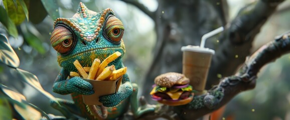 Obraz premium A chameleon munching on a sandwich, with extra hands holding fries and a drink on a tree branch