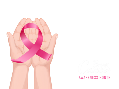 Breast Cancer Awareness Month banner or poster design with human hands holding pink ribbon on black silk fabric background.