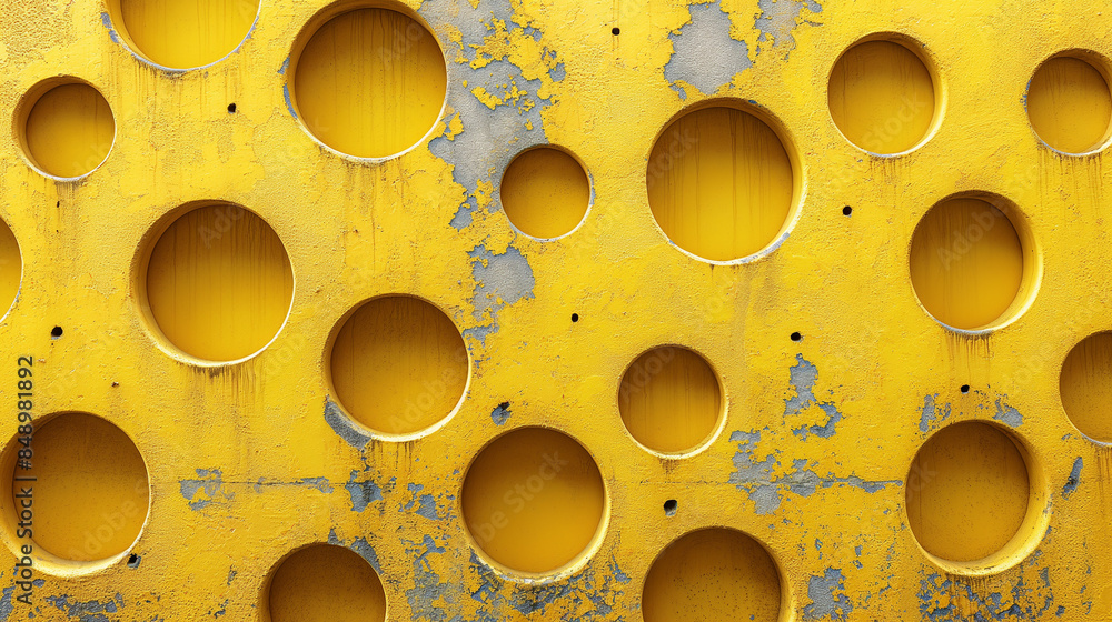Poster the yellow wall has many holes in it, creating a pattern of circles