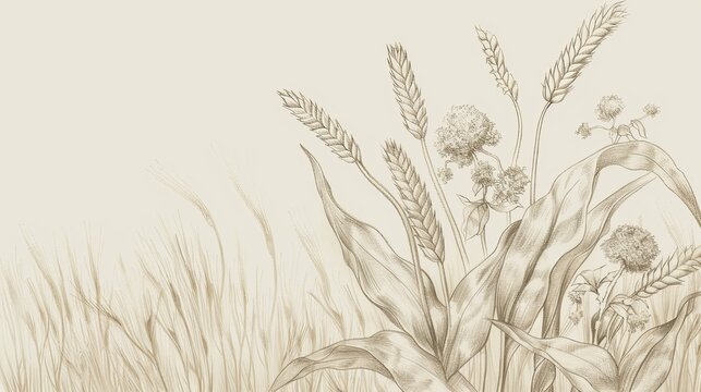 Inspirational Biblical Illustration: Parable of the Weeds, Wheat and Weeds, Beige Background, Copyspace