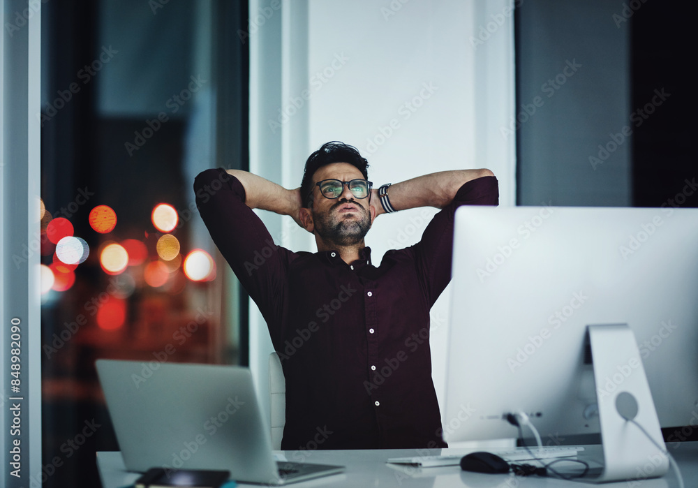 Poster Business man, night and stress on computer of programming burnout, deadline or online project mistake. Tired web designer or programmer with arms behind head, angry and frustrated for software update