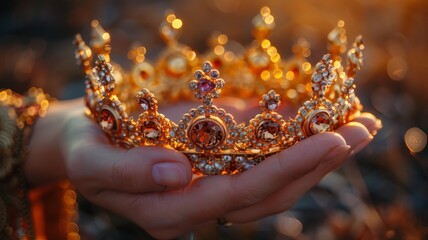Royal golden crown with intricate jewel detailing held gently by a hand during sunset, showcasing regality and opulence.crown