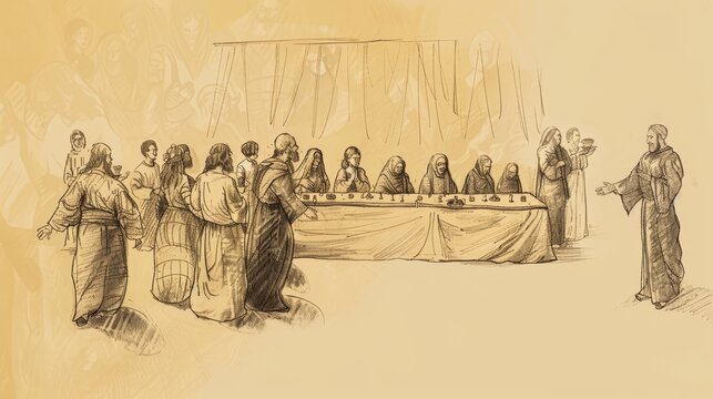 Visual of Wedding Feast Parable: King Inviting Guests, Beige Background, Biblical Illustration, Copyspace