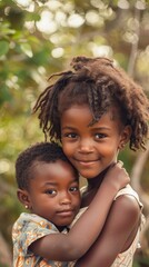 Fototapeta premium Two young girls are hugging each other in a forest