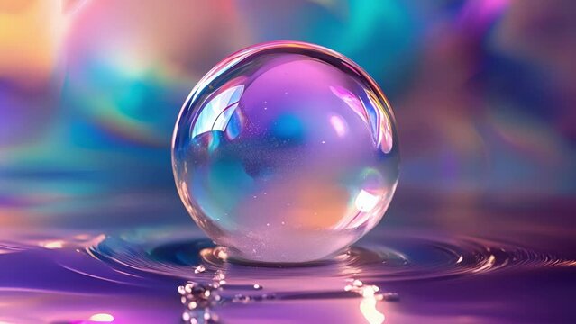 A highly magnified image of a single bubble showcasing a reflective surface with rainbow hues and a smooth spherical shape.