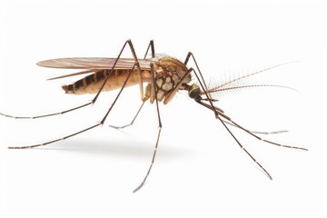 A mosquito with long proboscis and slender wings isolated on a white background