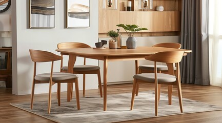 Scandinavian-style dining table with an oval-shaped tabletop and four chairs in light oak tones. Featuring minimalist lines and contemporary style with hanging glass pendant lights and warm, soft ligh