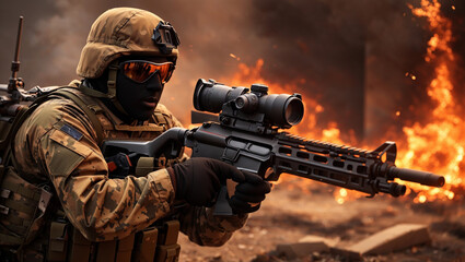 Fototapeta premium A soldier is holding a gun in front of an orange explosion.