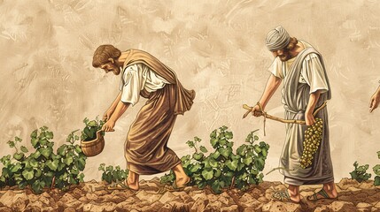 Visual of Two Sons Parable: Son Working in Vineyard After Initial Refusal, Beige Background, Biblical Illustration, Copyspace