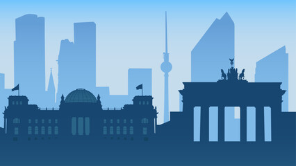 Berlin, Germany. Reichstag, Brandenburg Gate, Berlin TV Tower, Kaiser Wilhelm Memorial Church. Silhouette vector background with legendary places and top attractions. Travel illustration
