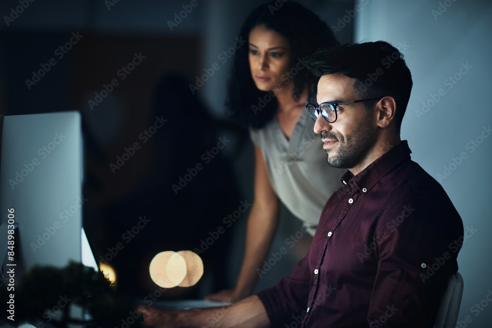 Leinwandbilder Business people, computer and night teamwork for planning, collaboration or solution at tech company. Leader or programmer problem solving with software update and cloud computing in office and bokeh