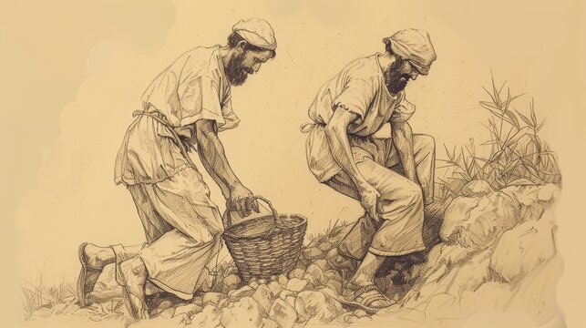 Visual of Two Sons Parable: Son Working in Vineyard After Initial Refusal, Beige Background, Biblical Illustration, Copyspace