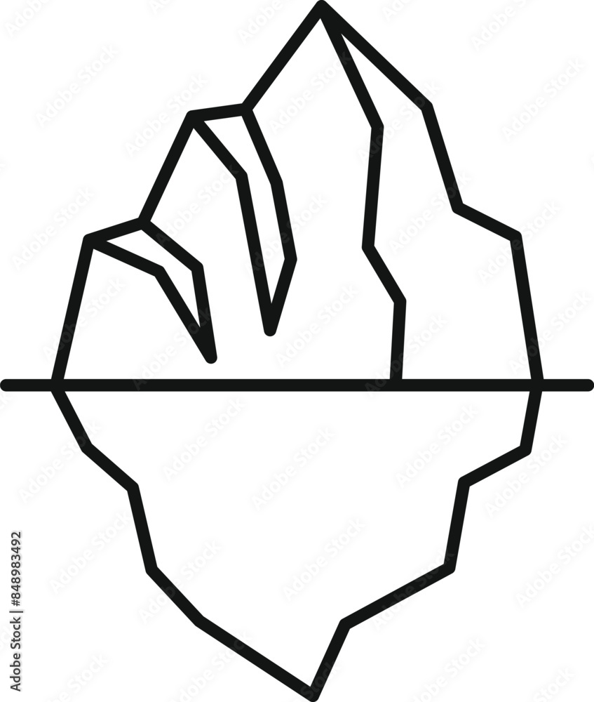 Poster line drawing of an iceberg floating with a small portion visible above the waterline and a much larg