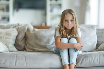 Obraz premium Sad and unhappy little girl sitting on the sofa chair
