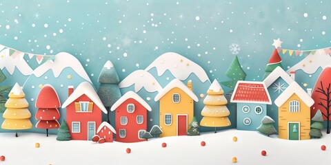 Obraz premium 3d, a greeting card with houses and trees in the snow, colorful cartoon illustration of smiling characters, bold lines, simple shapes, flat design, textured illustrations, Christmas theme,