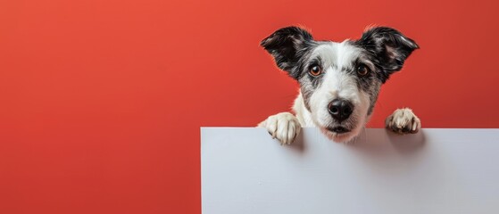 A gentle sheepdog holding a large blank white sign looking at the bright background, ideal for text or graphics