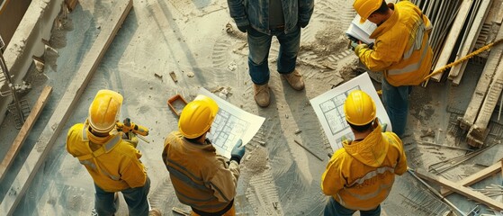 A group of construction workers discussing blueprints onsite