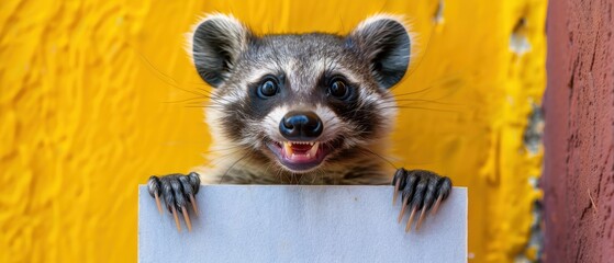 A happy civet holding a large blank white sign, facing a vibrant background Ideal for personalized text or designs