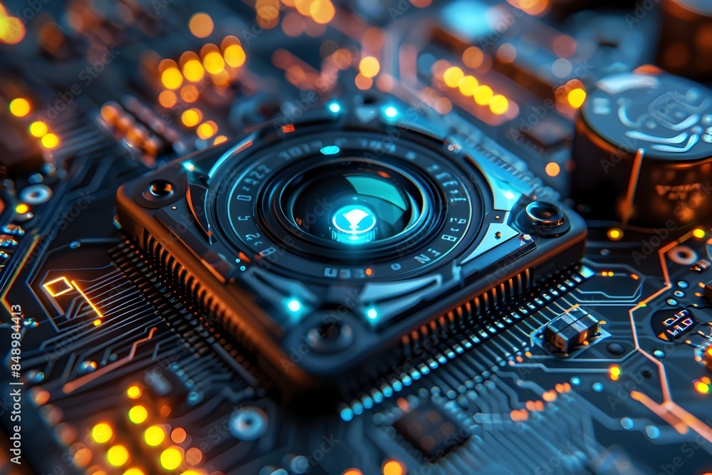 Poster alien circuit board with captivating blue glow and intricate patterns