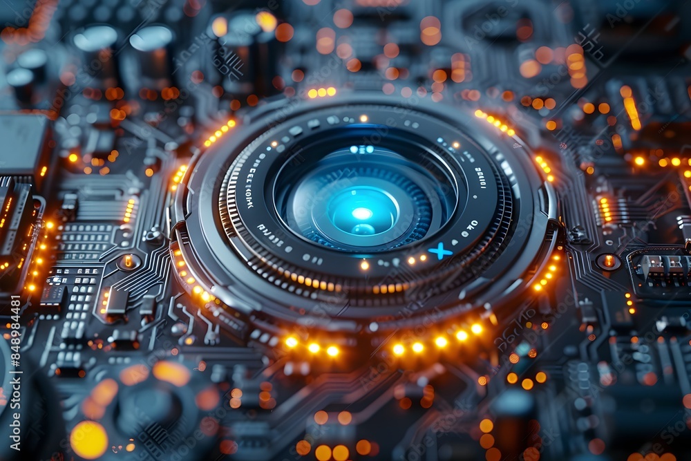 Poster an alien circuit board with a glowing surrounded by intricate patterns and contrasting details