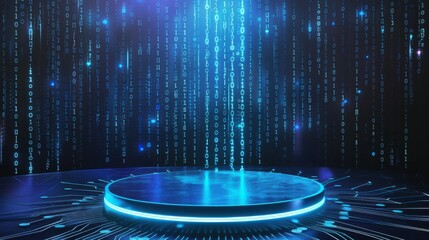 Futuristic digital platform with blue matrix code rays.