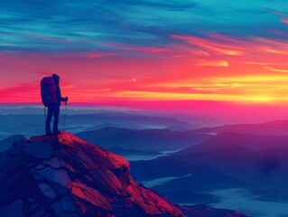 Lone Hiker Stands Atop Mountain at Breathtaking Sunrise Overlooking Vast Landscape