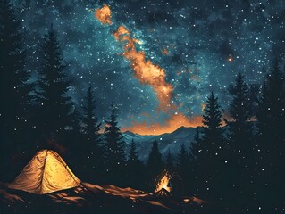 Solitary Hiker s Starlit Wilderness Campsite in Serene Mountain Landscape