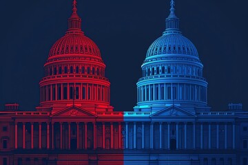 illustration of US Capitol with one half red and the other half blue, republicans vs democrats concept advertisement style,.