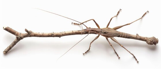 A stick insect with elongated body mimicking a twig isolated on a white background