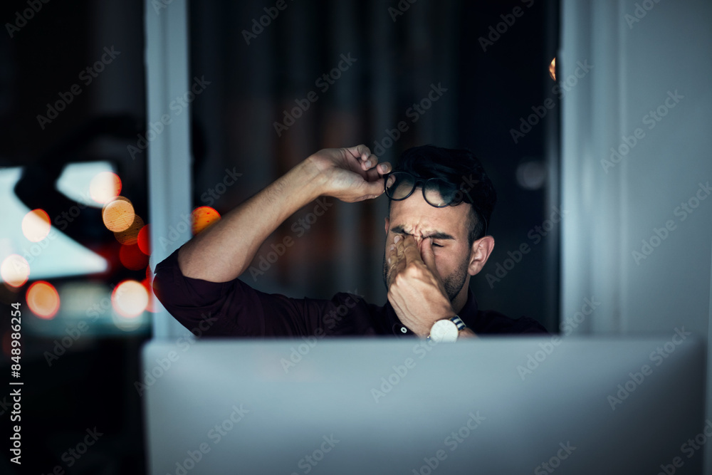 Aufkleber Business man, night and headache on computer with programming burnout, deadline or project fatigue. Tired website developer or programmer with eye strain, glasses and stress for software update error