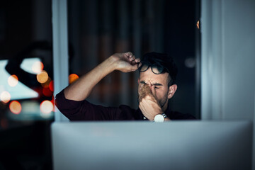 Business man, night and headache on computer with programming burnout, deadline or project fatigue....