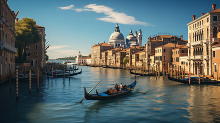 Traditional gondolas glide along Venetian water canals in Venice, a picturesque tourist destination. Gondoliers ferry tourists on the iconic Grand Canal of Venice, Italy.
