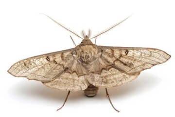 Obraz premium A subtle moth with fuzzy antennae and muted wing colors isolated on a white background