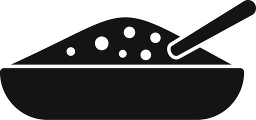 Simple black and white icon of a bowl full of spices with a spoon sticking out of it