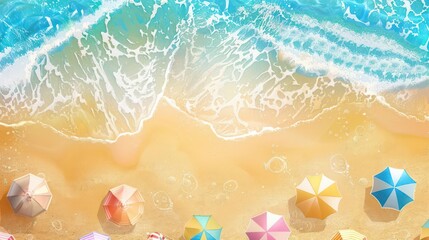Obraz premium A summer beach background with golden sand, gentle waves, and colorful beach umbrellas for a lively banner