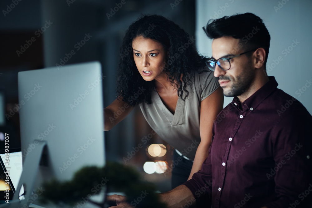 Aufkleber Business people, computer and night team work with planning, collaboration or problem solving at tech company. Developer, programmer and leader with serious for software support and web solution