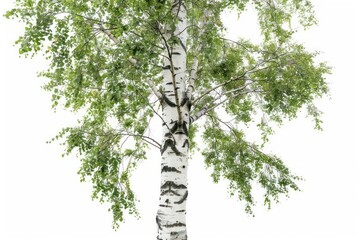 Fototapeta premium A tall birch tree with distinctive white bark and delicate green leaves isolated on a white background