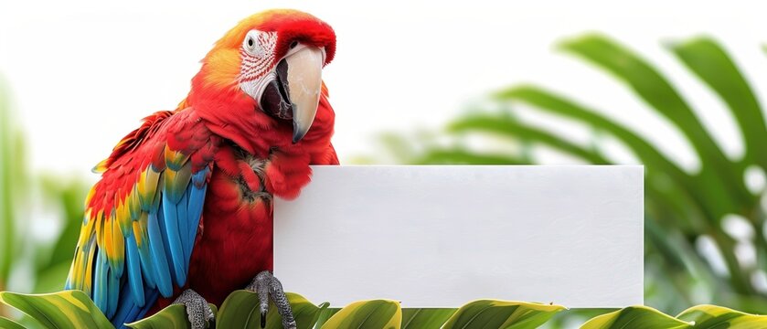 A vibrant parrot holding a large blank white sign looking at the bright background, great for personalized messages
