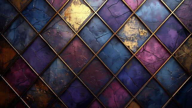 An abstract background featuring an Art Deco inspired rhombus pattern with gold lines, shades of purple and gold, hd quality, digital rendering, high contrast, geometric design, luxurious aesthetic.