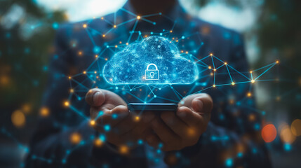 A man is holding a cell phone with a blue cloud on it. The cloud has a lock on it, which suggests that the phone is secure. Concept of security and protection