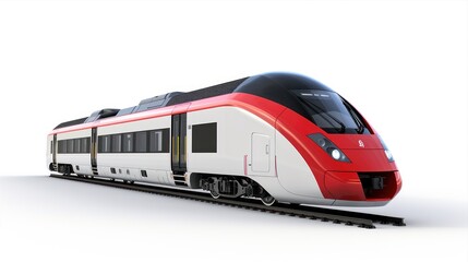 Fototapeta premium Super streamlined high-speed train with driver's cabin and carriages isolated on a white background. Intercity public transport traveling on railway rails