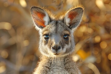 Fototapeta premium Baby Kangaroo: A tiny baby kangaroo, or joey, peeking out from its mother's pouch in the Australian outback.