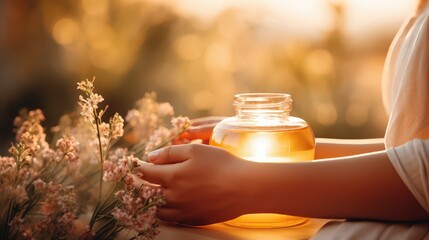 Close-up of hands applying essential oils on wrist, warm tones, serene background, copy space