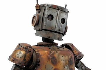A vintage robot with riveted joints and a slightly rusted exterior isolated on a white background